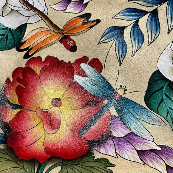 Anuschka Floral Dragonflies Hobo Shoulder Bag EUC Hand-Painted Leather Tan Red - Picture 2 of 10